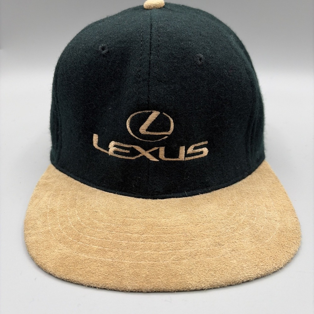 Vintage Lexus Hat Cap Men One Size Black Tan Suede Brim Wool Snapback 90s Logo